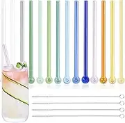 14Pcs Glass Straws Reusable, Clear Colorful Round Tip Straw, Cute Smoothie Straws with 4 Cleaning Brushes for Smoothies Milkshakes Juice Drinking Tea Coffee Kids Party Birthday