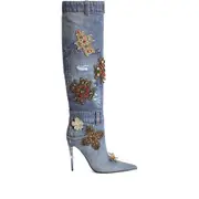 [Dolce & Gabbana] Dolce & Gabbana 105mm Embroidered Patchwork Denim Boots 39 IT BLUE