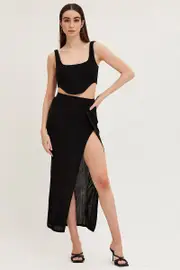 Black Jersey Elastic Waist Front Split Midi Skirt - Size 10, Women's Midi Skirt