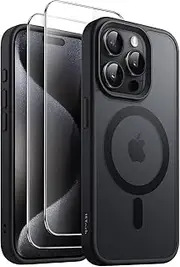 JETech 3 in 1 Magnetic Case for iPhone 15 Pro Max 6.7-Inch with 2 Pack Tempered Glass Screen Protectors, Compatible with MagSafe, Translucent Matte Back Shockproof Phone Cover (Black)