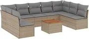 vidaxl Garden Sofa Set 10-Piece Modular Furniture - Beige, Light Grey Cushions, Poly Rattan & Acacia Wood Outdoor Patio Deck Terrace Arrangement