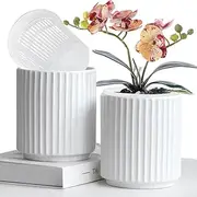 [MUZHI] 2Pack White Ceramic Orchid Pots Planter with Drip Trays and Cymbidium Basket with Holes, Modern Minimal Cylinder Striped Plant Pot with Drainage 4.6” (White)