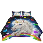 Colorful Lovely Unicorn Rainbow and Hearts Coverlet