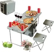 Outdoor Folding Table with Organiser, Portable Camping Table and Chairs Outdoor Indoor Use, Cold-Locking 15-24H/heat-insulation 5-6H, with Two Chairs, for BBQ Picnic Garden Parties