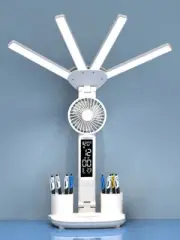 LED Table Desk Lamp Reading Light with Fan Clock Date Temperature Rechargeable