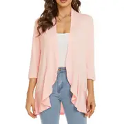 Women's Three Quarter Sleeves Ruffles Open Front Cardigans - Pink