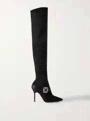 [Manolo Blahnik] Manolo Blahnik - Plinianuthi 105 Buckled Satin-trimmed Suede Over-the-knee Boots - Black - IT40 IT 40 Black