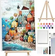 Bowetile Castle Framed Paint by Numbers for Adults, Painting by Numbers Kit for Adults, Beginners Canvas Kit, DIY Acrylic Pigment Drawing Paintwork for Home Decor with Wooden Easel, 20x30 cm