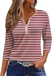 [Valtorixia] 3/4 Length Sleeve Women Henley V Neck Tops Casual Length Button Down Shirt Floral Print Blouses Plus Size Trendy Comfy Tees (color-b-38,Medium)