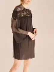 Rebecca Taylor Brown Silk Lace Kimono Sleeve Mini Shift Dress Sz 4 Reg $395 NWT