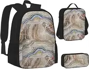 [ERCgad] Onyx Stone Pale Blue Print Canvas 3-In-1 School Bags Set Backpack Lunch Bag Pencil Case Combo For Men Women, Black, One Size