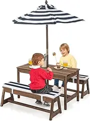 HONEY JOY Kids Picnic Table Bench Set, Wooden Outdoor Furniture With Umbrella, Sponge Cushions, Rectangular Activity Table and Benches for Ages 3-8 Years, Accommodate 4 Children
