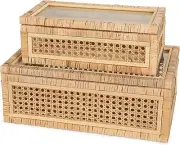 Handwoven Boho Rattan Display Boxes Glass Lids Set Rectangular Decor Storage Bin