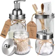 Mason Jar Bathroom Accessories Set 4Pc - Foaming Soap Dispenser&2 Qtip Holders&T