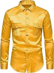 [Maiyifu-GJ] Men's Disco Shiny Dress Shirt Long Sleeve Button Down Nightclub Party Shirts Printed Slim Prom Shirt with Pockets