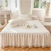 Skirt Ruffled Bed Skirt, Embroidered Lace Bed Skirt & Pillowcase Washed Cotton Multicolor Multiple Sizes Pack of 3(One Size,180x220cm 3pcs)