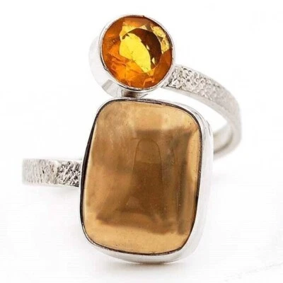 Natural Smoky Topaz & Citrine 925 Solid Sterling Silver Ring Sz 9.5 @B11-5
