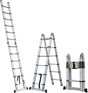 12.5ft 3.8M Extension Ladder Aluminium Multi-Purpose Telescopic Ladders Portable Compact Folding A-Frame Step Ladders for Outdoor & Indoor (1.9m+1.9m)
