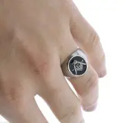 Masonic Mason cz Men's Ring Black Enamel Burnished Rhodium Overlay size 8 T35