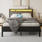 Queen Size Bed Frame with LED Lights and Charging Station, Queen Bed Base Heavy