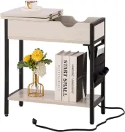 End Table with USB Ports & Power Outlets Charging Station, Narrow Flip Top Side