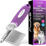 Poodle Pet Dematting Fur Rake Comb Brush Tool - with Long 2.5" Steel Safety Blades for Detangling Matted or Knotted Undercoat Hair, Safe Grooming Accessories for Dogs, Longhaired Cats, Rabbits, Horses