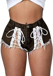 [Generic] Women's Bandage Denim Jean Shorts Lace Up Mini Hot Pants High Waist Sexy Booty Shorts Rave Clubwear