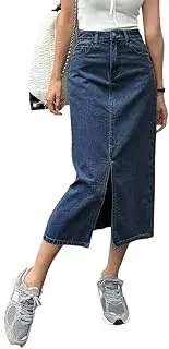 [CaniBtr] Women's Casual Slit Denim Midi Jean Skirt Stretch High Waisted Button Up Frayed with Pockets, 01darkblue, Small