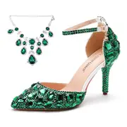 Nevenka Sparkly Diamond High Heels 9.5cm Pointed Toe Sandals for Wedding-Green