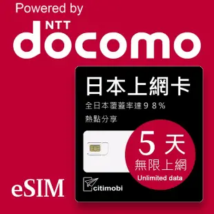 【citimobi 上網卡】eSIM 日本5天上網吃到飽不限量(1GB/日高速流量)