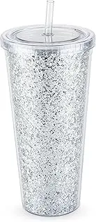 Blush Glam Double Walled Glitter Acrylic Plastic Tumbler with Lid and Straw, Reusable Cups for Smoothie, Iced Coffee Tumblers, 24 oz Set of 1, Silver