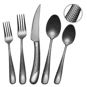 20 Piece Hammered Black Silverware Set 18/10 Stainless Steel Flatware Set Mod...