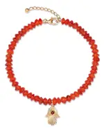 Bloomingdale's Fine Collection Garnet & Carnelian Bead Hamsa Hand Charm Bracelet in 14K Yellow Gold