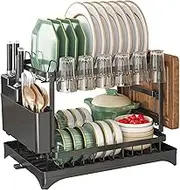 Fumitt Dish Drying Rack, 2 Tier Dish Rack with Draining Tray, Rustproof Dish Drainer Racks with Detachable Utensil Holder, Cutting Board & Cup Rack for Kitchen Over Sink Organiser (Balck)