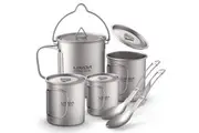 Lightweight Ti 6 Pieces Set Ti 750ml Pot 450ml and 350ml and 200ml Water Cup with Lid Collapsible Handle Folding Spork for Outdoor Camping Hiking Backpacking (6pcs)