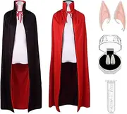 CAKKA Halloween Vampire Cloak, 55" Reversible Halloween Costume Cape with Vampire Teeth and Ears, Double Layer Magician Costume for Unisex Women and Men (Red and Black)