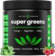 Super Greens Powder Premium Superfood - 20+ Organic Green Veggie Whole Foods - Wheat Grass, Spirulina, Chlorella & More - Antioxidant, Digestive Enzyme & Probiotic Blends | Vegan Juice Supplement