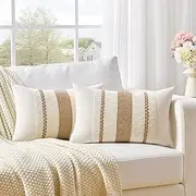 Fancy Homi Set of 2 Neutral Tan Lumbar Decorative Throw Pillow Cover 12x20 Inch for Couch Bed Sofa Chair, Modern Organic Farmhouse Boho Home Decor, Soft Cotton Cute Accent Taupe Rectangle Cushion Case