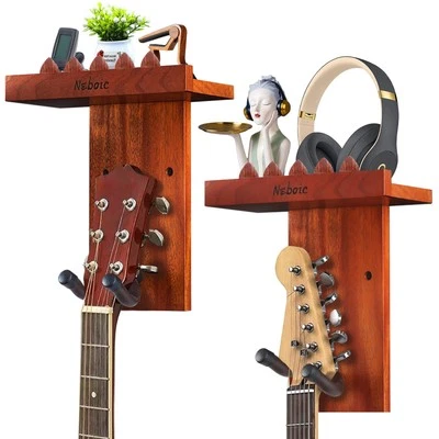 2 Pack Guitar Wall Mount, Guitar Hanger with Wood Shelf, Guitar Hook, Guitar ...