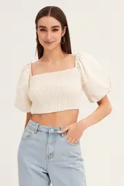 White Linen Blend Half Sleeve Shirred Cropped Top - Size 16, Women's Crop Top