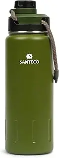 [SANTECO] Insulated Water Bottles 24 oz, Stainless Steel Flask with Lanyard & Wide Mouth Spout Lid, Leak Proof Double Wall Vacuum Drink Bottle, Keep Drinks Hot & Cold for Hiking Camping - Moss Green