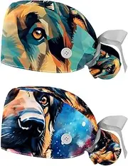 [YTYVAGT] 2-Pc,Nurse Scrub Caps,Scrub Hats with Buttons and Cotton Sweatband,Colorful Shepherd Dog Animal Illustration