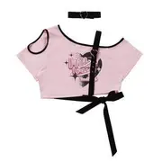 Short-Sleeve Lettering Print Lace Up Polo Shirt / Short-Sleeve Cold Shoulder Crop Tee / High Waist Plain Ruffle Mini A-Line Cargo Skirt / High Waist Star Print Wide Leg Cargo Pants 23Y031 - T-Shirt - Pink - M