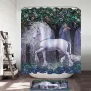 Magical White Unicorn and Birds Sacred Grove Shower Curtain