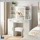 Vanity Makeup Table Stool Set w/ LED Lighted Mirror & 3 Drawers Dressing Table