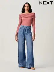 Mid Blue Side Stripe Palazzo Wide Leg 100% Cotton Jeans (B52185) | $94