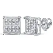 14k White Gold Round Diamond Square Cluster Earrings 1/10 Cttw