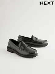 Black Leather Cleated Sole Penny Loafers (AA8139) | $109