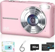 Digital Camera, Camkory FHD 1080P Point and Shoot Digital Camera 44MP Kids Camera 16X Digital Zoom, Anti Shake Small Travel Camera with 32GB SD Card, Two Batteries, Light Pink