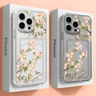 Clear Case With Card Slot For iPhone 16 15 Pro Max 14 13 12 11 Flower Soft Cover